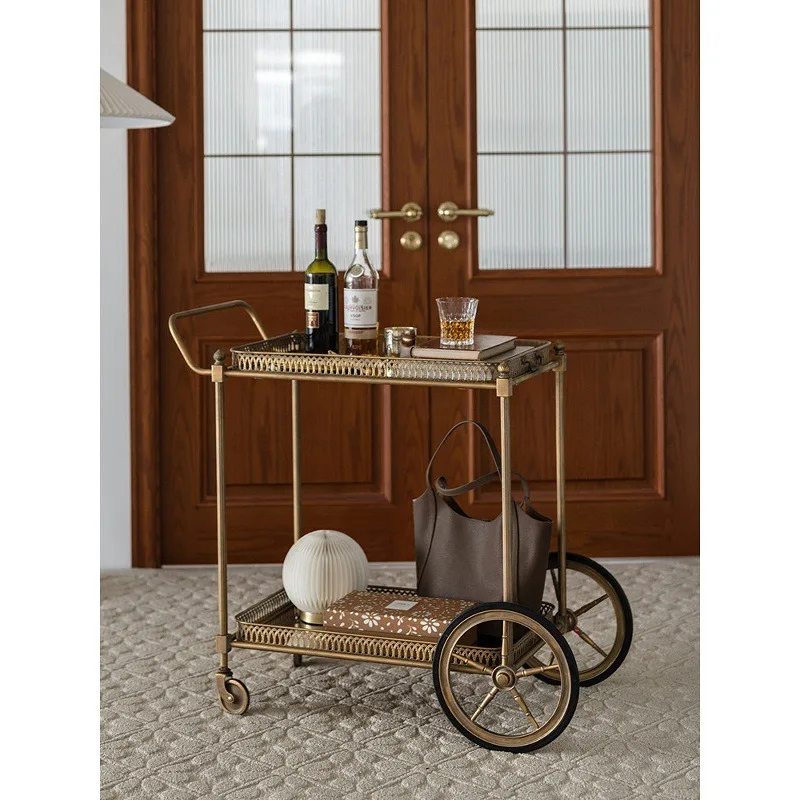 Retro French mobile cart side table, metal glass rack, household light luxury living room floor rack dining car