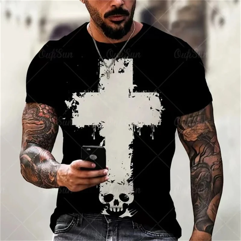 Christian Men Clothing T Shirts Oversized T-shirt Gothic Jesus Christ Cross 3D Print O-neck Tops Vintage Personality Unisex Tees