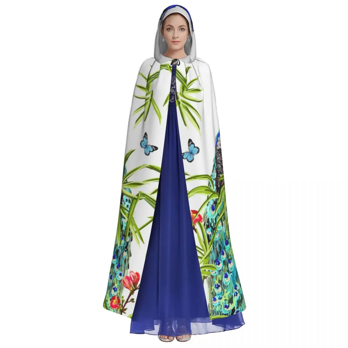 Long Cape Cloak Floral Summer Tropical Japanese Sakura Wisteria Bamboo Peacocks Butterflies Hooded Cloak Coat Autumn Hoodies