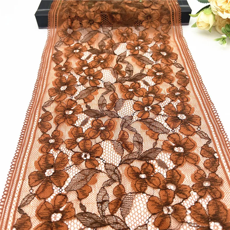 3y/lot Width 23cm Floral Caramel Brown With Dark Olive Thread Elastic Stretch Lace Trim Lingerie Sewing Craft DIY Underwear
