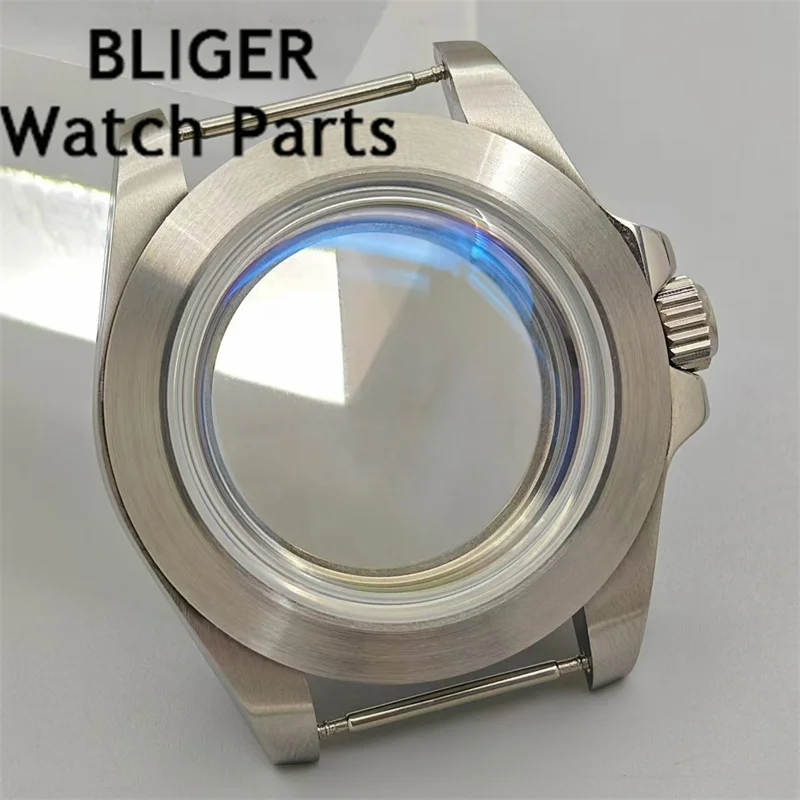 BLIGER 40mm Silver Watch Case With Blue AR Coated Domed Glass Fixed Bezel For NH34 NH35 NH36 ETA2824 PT5000 Movement