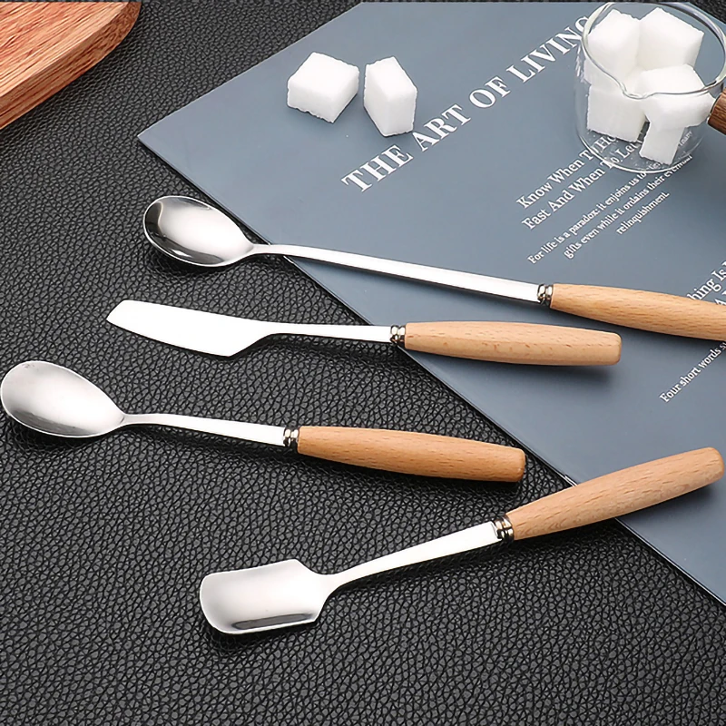 Japanese Stainless Steel Tableware Set, Wood Handle Set, Knife, Fork, Spoon, Fruit Fork, Chopsticks, Unibody Kitchen Set