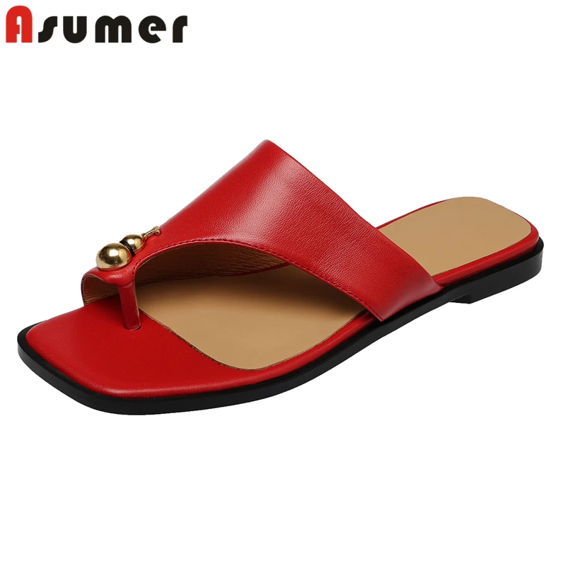 

ASUMER 2026 New Genuine Leather Shoes Women Slippers Summer Flip Flops Red Black Ladies Casual Outside Slippers