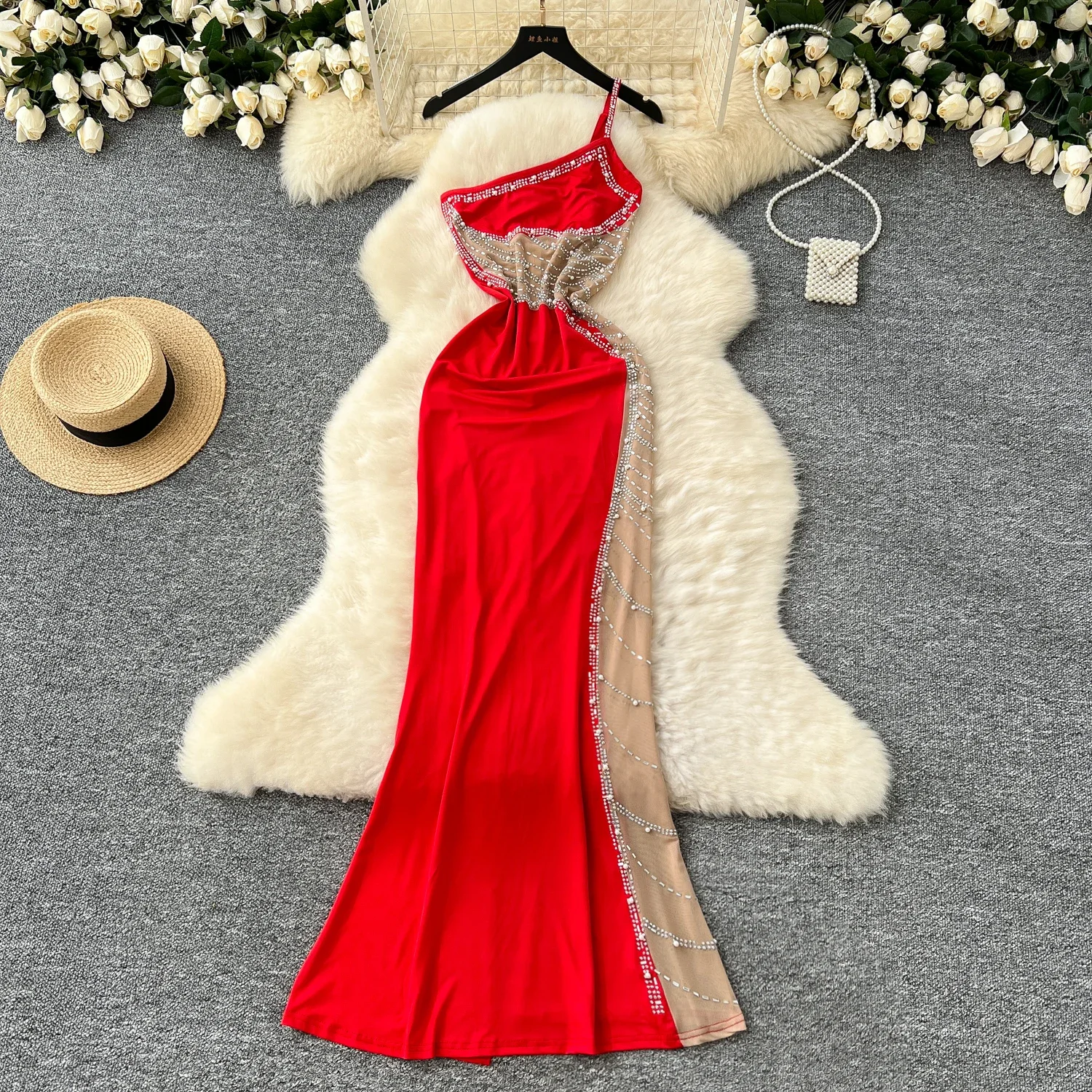 Vintage Sleeveless Elegant Embroidered Bead Chic Rhinestone Mesh Spliced Strap Dresses High Street Evening Party Women Clothing