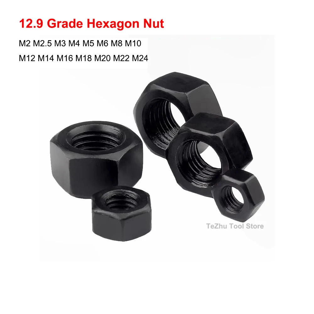 

12.9 Grade Black Hex Nut Hexagon Nut Black High Strength Screw Cap M2 M2.5 M3 M4 M5 M6 M8 M10 M12 M14 M16 M18 M20 M22 M24