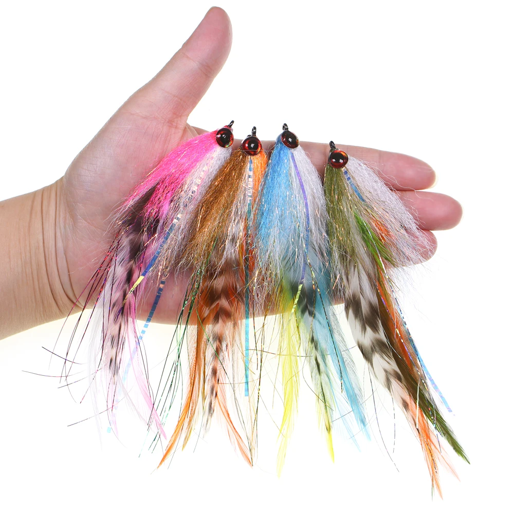 1PC #2/0 Big Streamer Saltwater Fly Grizzly Hackle Big Game Flies Salmon Bass Pike Trout Chub Fishing Artificial Lure Baits