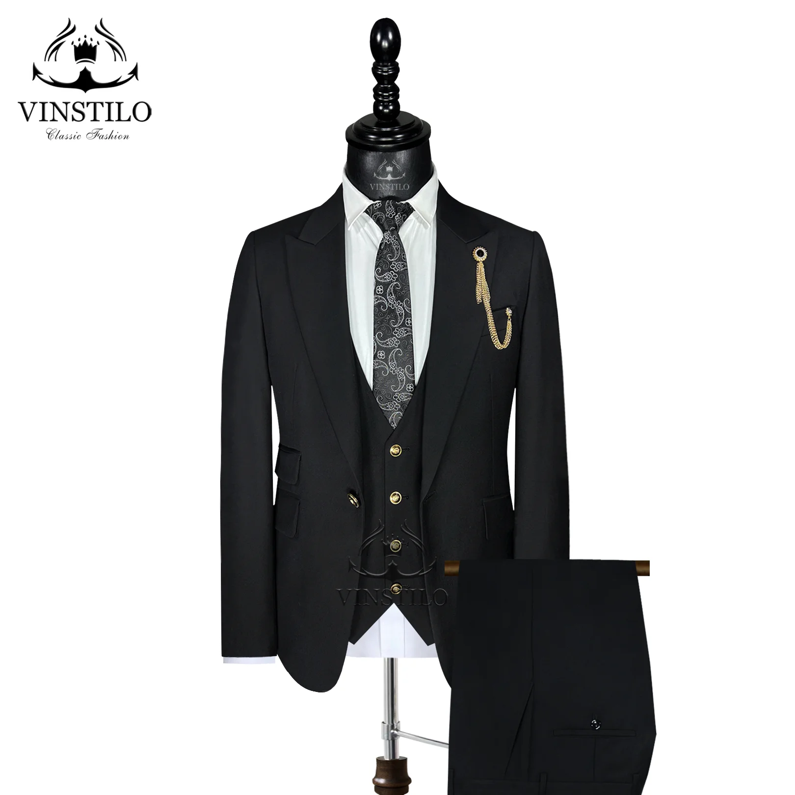 

VINSTILO High-Quality Men's Suits Peaked Lapel Slim Fit Wedding Party Tuxedo Sets Designer Tailor Made Male Three Piece Clothing