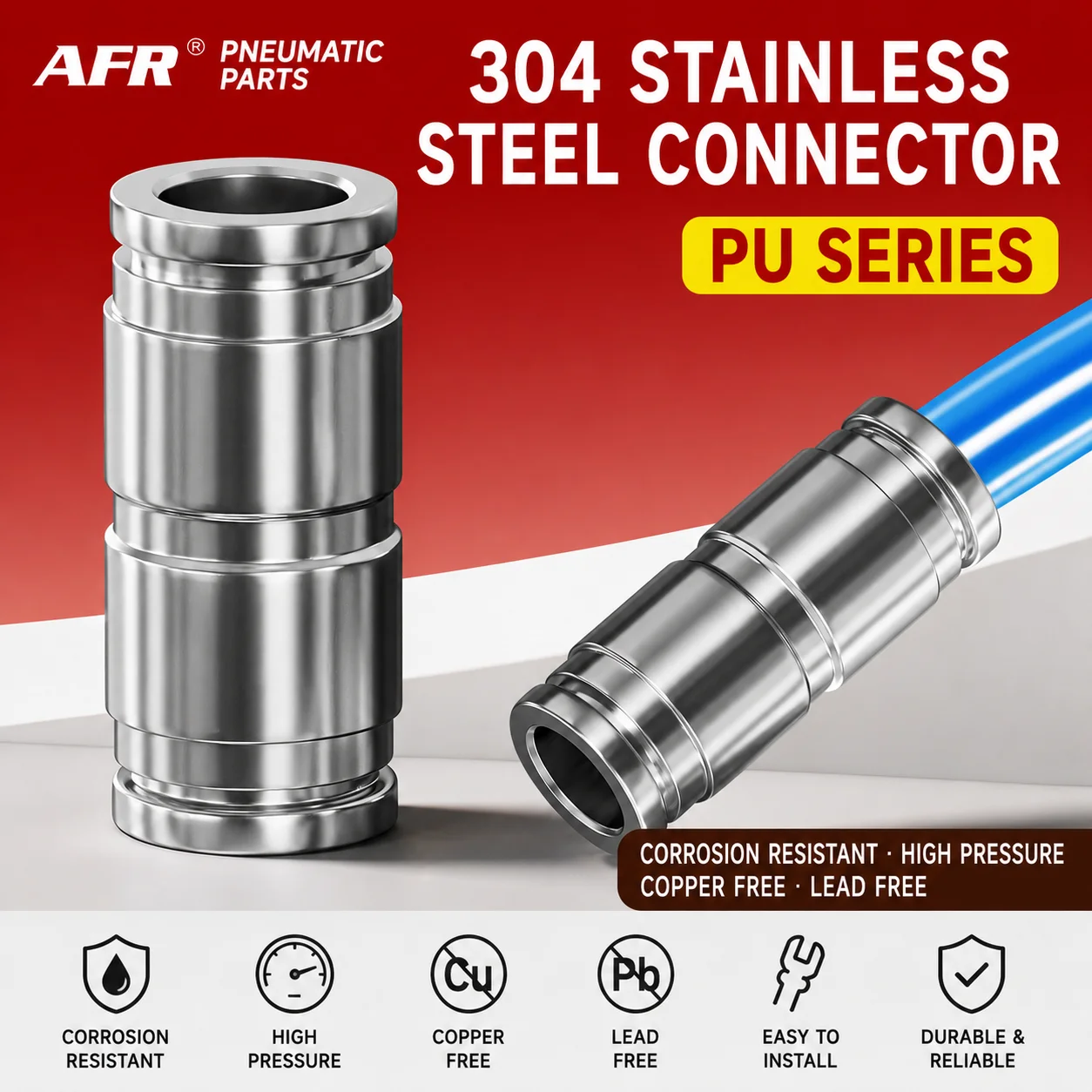 PU Series 304 Stainless Steel Pneumatic Straight Union Push In Fitting Quick Connect Air Tube Hose Connector PU4 6 8 10 12 14 16