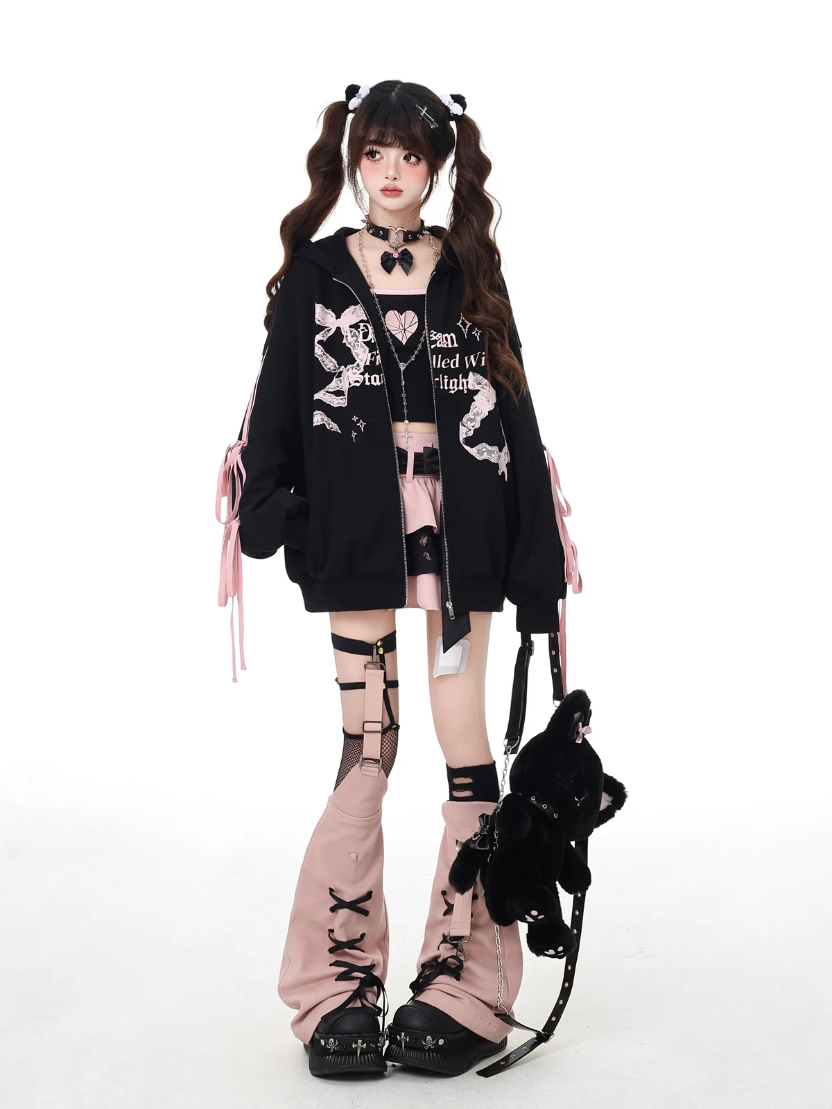 Highstreet Sweet Cool Hot Girl Y2K Tops Bow Lace Splicing Zip Up Hoodies Casual Oversized Sweatshirts Jackets Women Spring 2025