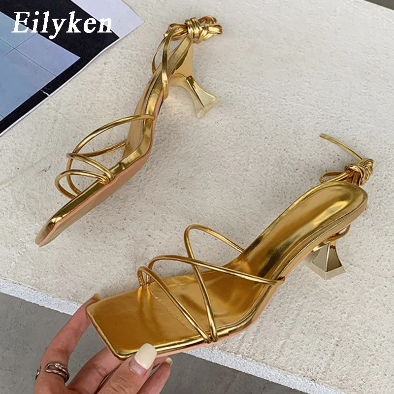 Fashion Gold Silver Sandals Thin Low Heel Lace Up Rome Summer Gladiator Women Casual Narrow Band Shoes Sandalias De Mujer