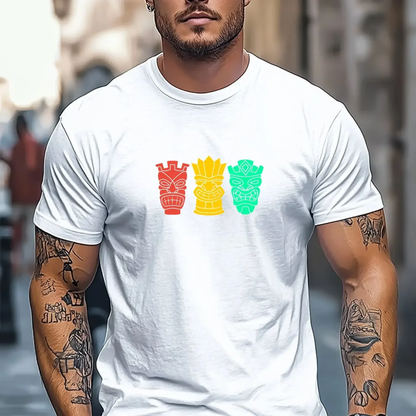 Vintage Three Different Styling Solid Color Tiki Totem Polynesian Tribal Simple Graphic Casual Short Sleeve Tee