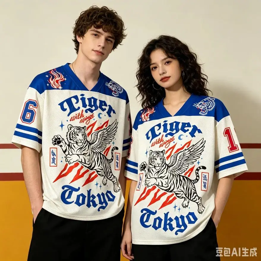 Japanese Style Retro Tiger with Wings 3d Printed V-neck Jersey Fashion Casual Y2k Breathable Quick Drying Tshirt Unisex Tops Tee