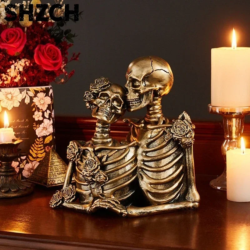 Gothic Romantic Couple Skull Model Figure Halloween Haunted House Escape Room Scene Prop Decor Statue Ornament Indoor Party Set