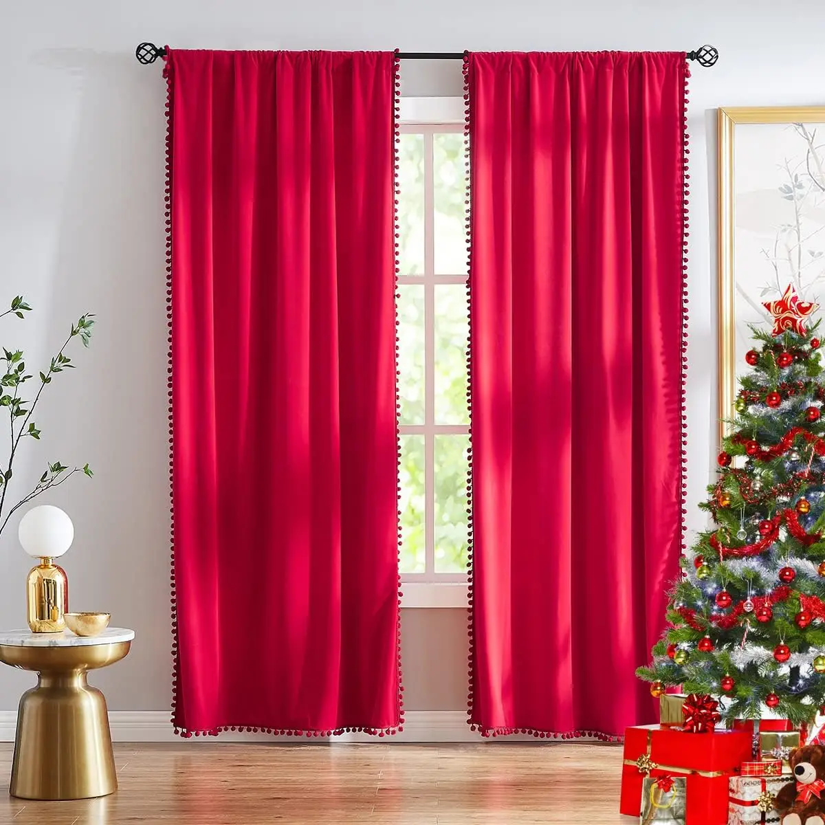 Tende rosse in velluto con pompon 95 "" pollici Set di tende oscuranti per camera da letto del soggiorno tende per finestre morbide vacanze invernali