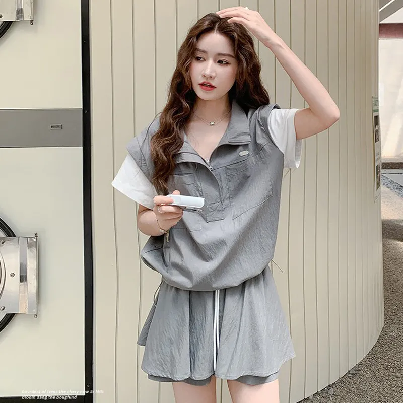 

Grey Casual Sports Suit Women's Summer Fashion Loose Fit Slimming Short Sleeved Shorts Two-piece Set