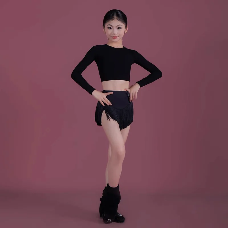 ชุดเดรสฝึกซ้อมเต้นลาตินคุณภาพสูงสำหรับเด็กผู้หญิง เสื้อแขนยาวประดับพู่ กระโปรงทรงเข้ารูป ชุดเต้นรำ