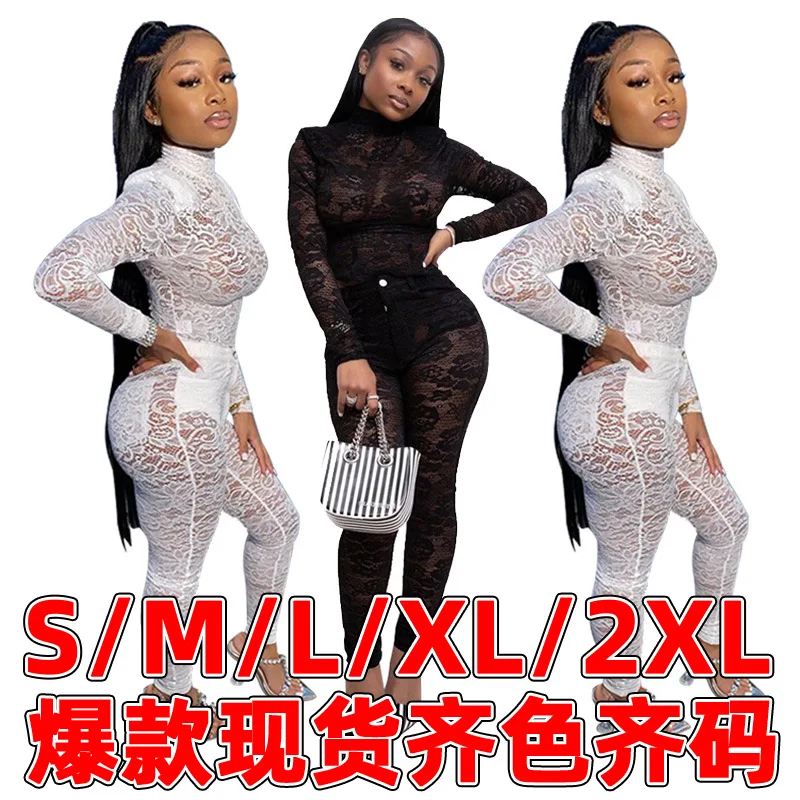 

K9583 Women's Colored Perspective Lace Two Piece Sexy Nightclub Set Big Size Women's Clothing fitted suit transparent lace