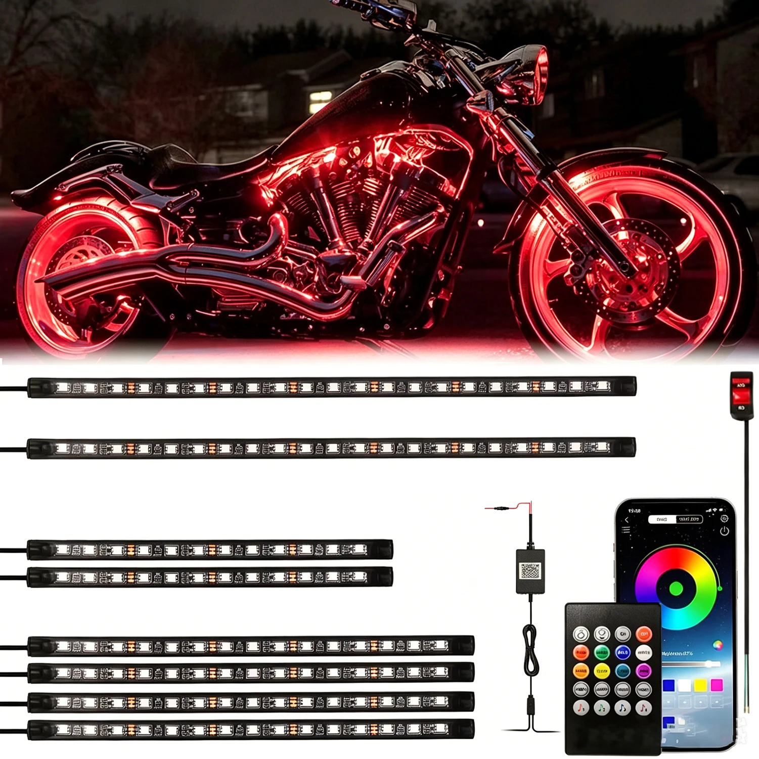 8pcs RGB LED Motorcycle Underglow Ambient Strip Light Car Atmosphere Foot Light APP Remote Control Flexible 12V