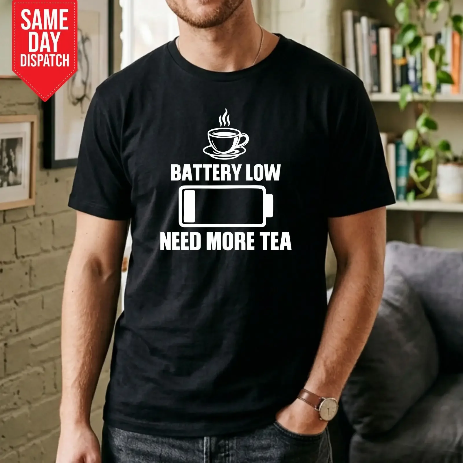 Battery Weak Need More Tea T Shirt Lovers Mens  Top vintage Washed Stretched Casual Slightly homme fashion