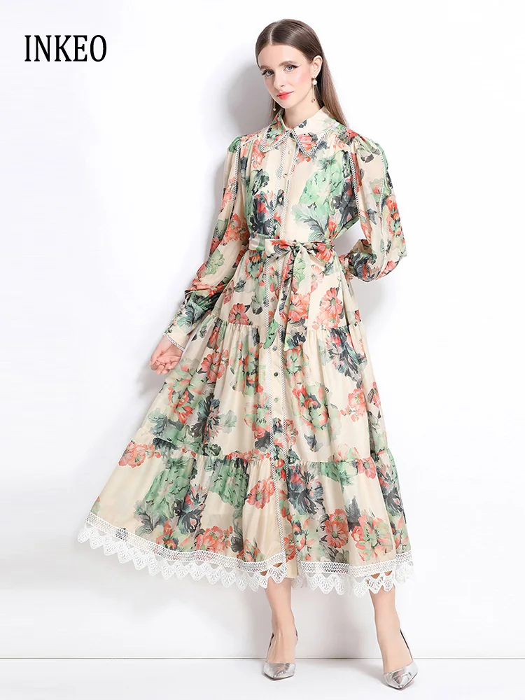 

Elegant Floral print long shirt dress sashes Women 2025 New Luxury Long sleeve Lace patchwork Maxi dresses High quality 5D110