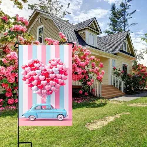 BlissYard Valentine’s Day Garden Flag 12x18 Inch Double Sided Blue Car Heart ... OOV IIC