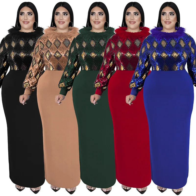 Vestidos de noite elegantes para mulheres, gola de pele, manga longa, plus size, patchwork, vestido maxi, luxo, outono, atacado, Dropshipping