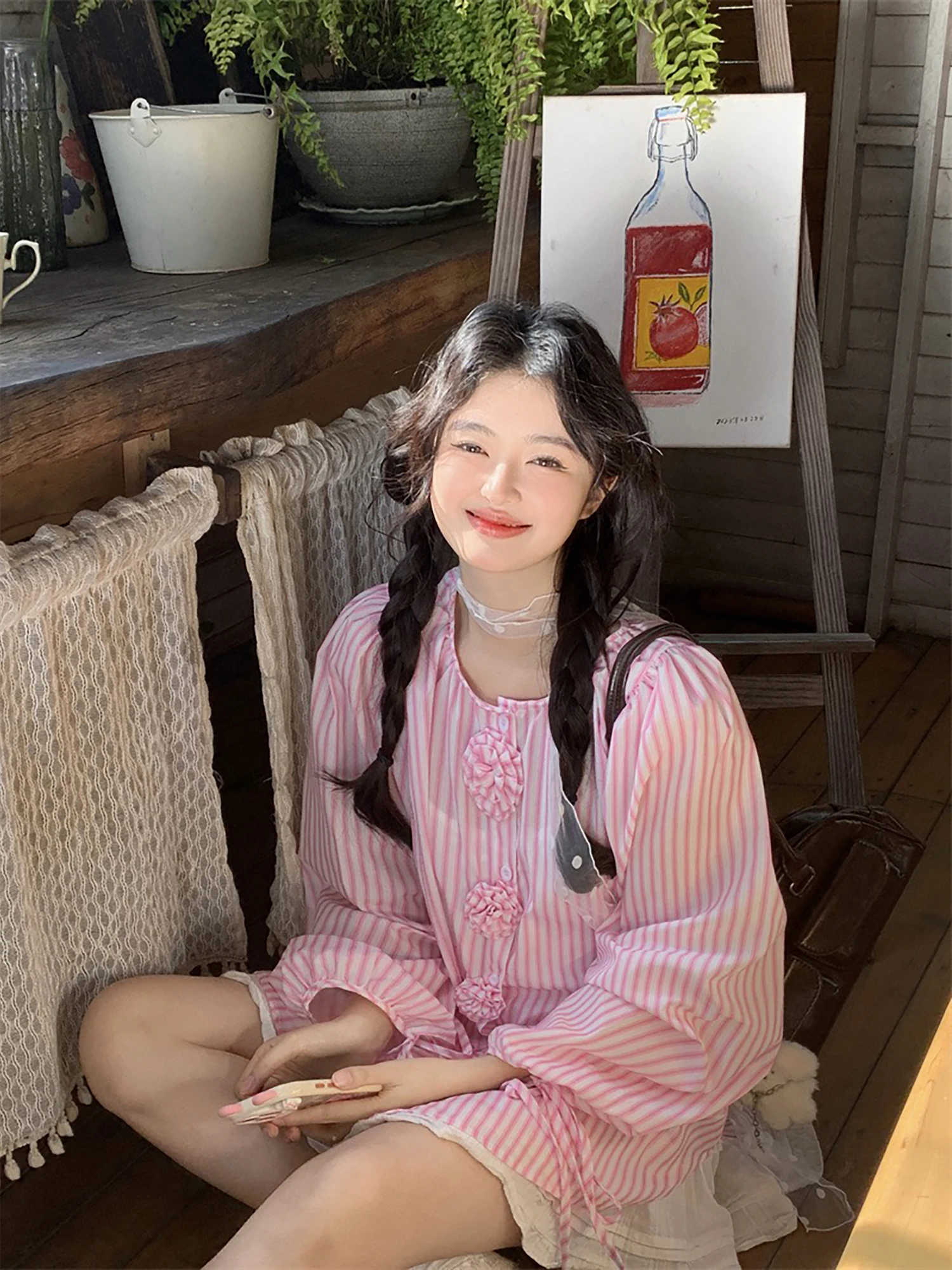 

Vanwenwen Sweet Sle Loose Fit round Ne Striped irt Women's Floral Tie Dye Spring Korean Sle Top Bubble Sve