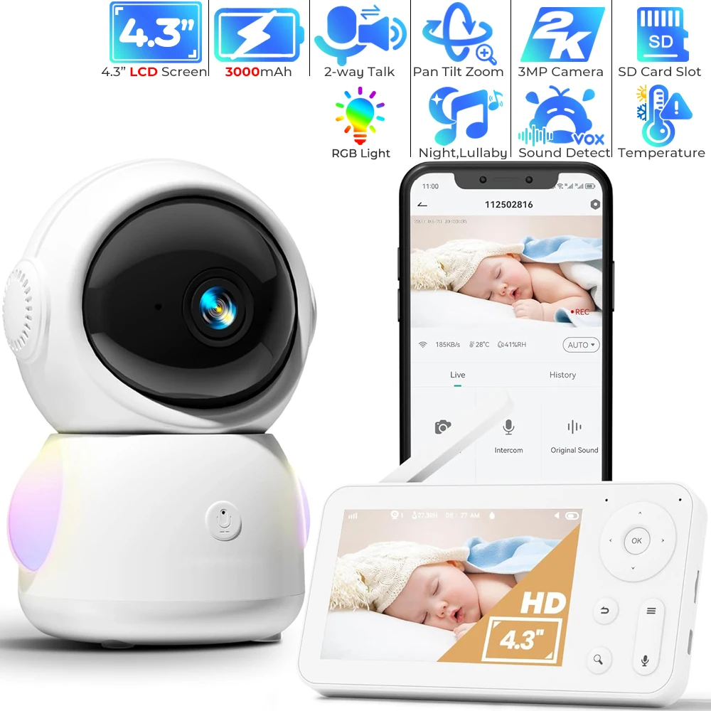 Monitor de bebê wi-fi com controle por aplicativo, 2k, 3mp, câmera para bebê, tela de 4.3 polegadas, visão noturna, conversa bidirecional, telefone para bebê, luz rgb, cartão sd