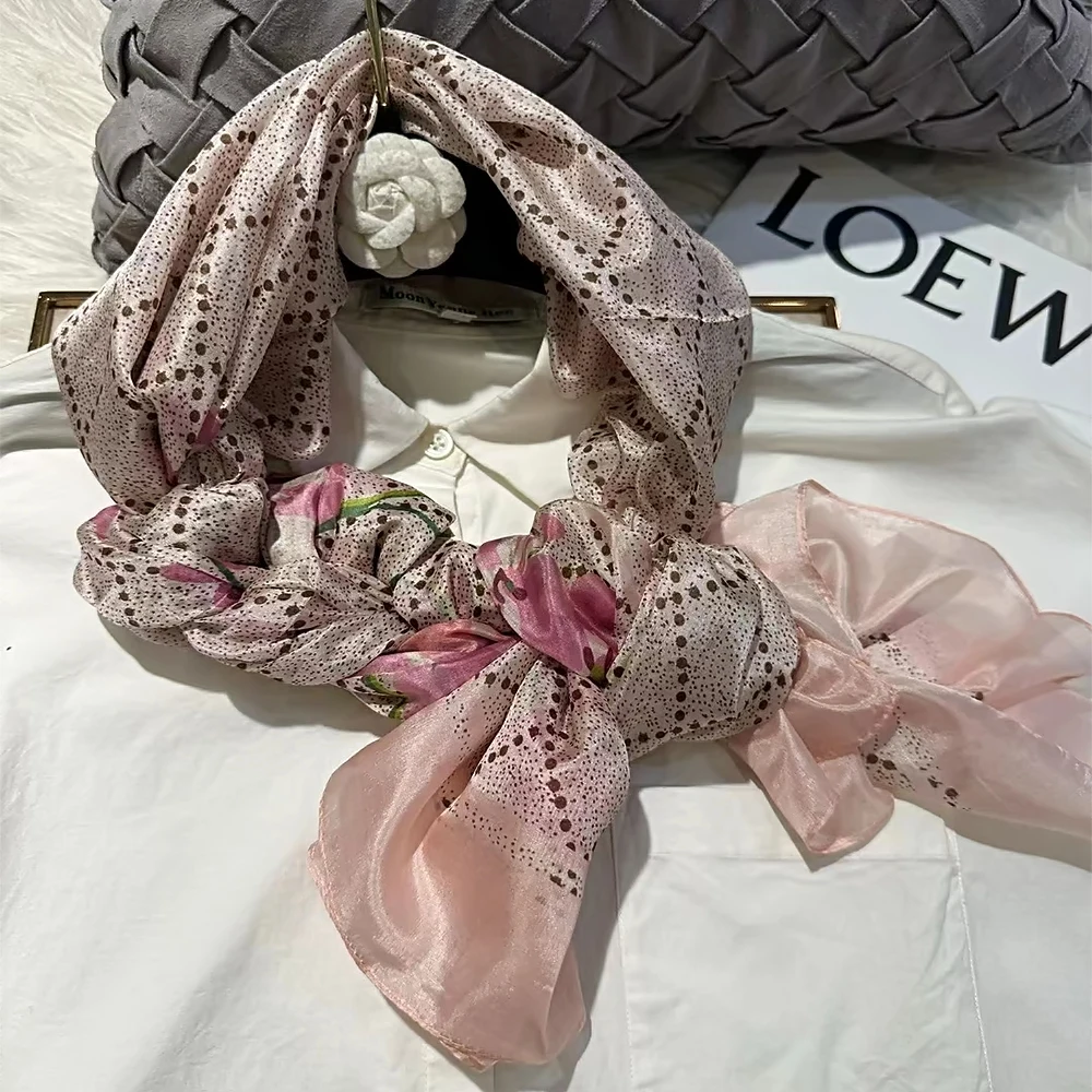 New Winter Women 100% Mulberry Silk Scarf Shawl Spring Fall Fashion Large Elegant Pink Floral Style Long Scarves Wraps 180*110cm