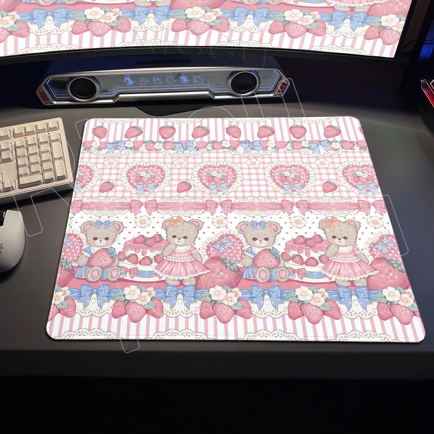 Cute Bear Desk Mat Pink Strawberry Cake Office Mouse Pad Desk Decort Gaming Keyboard Deskpad Small Mousepad PC Accessories Rug