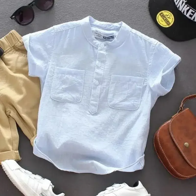 Kids Boys Blouses Shirt 2024 New Arrival Summer Baby Boys Casual Tops White Pink Blue Linen Blouses Kids Summer Clothing