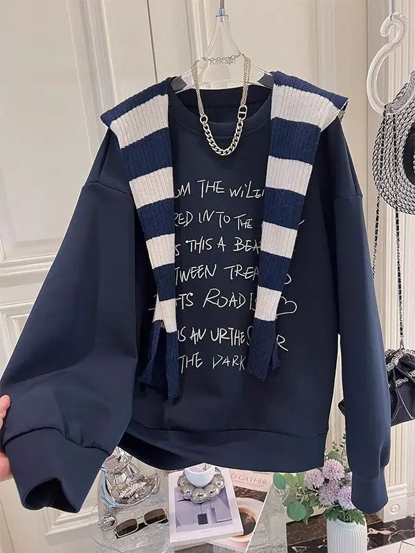 

Худи женское в полоску больших размеров (до 300 фунтов), модное, в корейском стиле, весна-осень, трендовое, удлиненное, с круглым вырезом