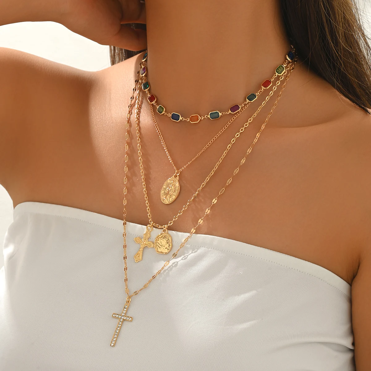 Boho Multi Layer Gold Layering Necklace Colorful Rhinestone Beads Religious Medal Cross Pendant Stackable Women Daily Necklaces