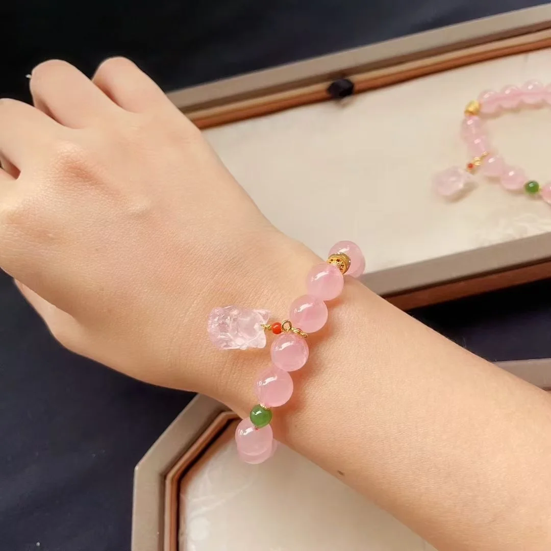 Certificado, pulsera de cuentas de cristal rosa Natural de 12mm con abalorio de zorro de cuarzo auténtico, cadena hecha a mano que mejora la joyería del amor