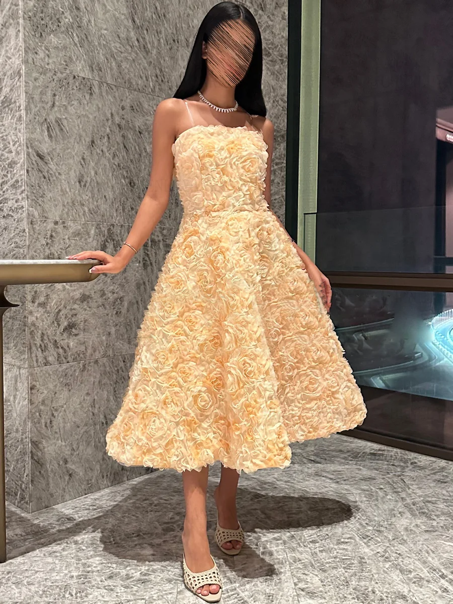 

3D Flower lace Formal Occasion Dresses 2023 Yellow A-line Ball Gowns Tea-Length Strapless Evening Party Gowns فساتين الحفلات