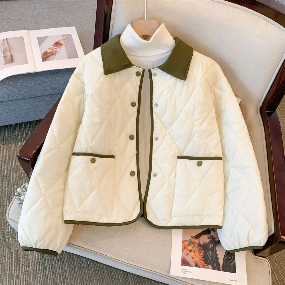 Contrasting Color Lapel Rhombus Cotton Clothes Women Autumn Winter Jackets New Loose Light Thin Cotton Coat Female Outerwear