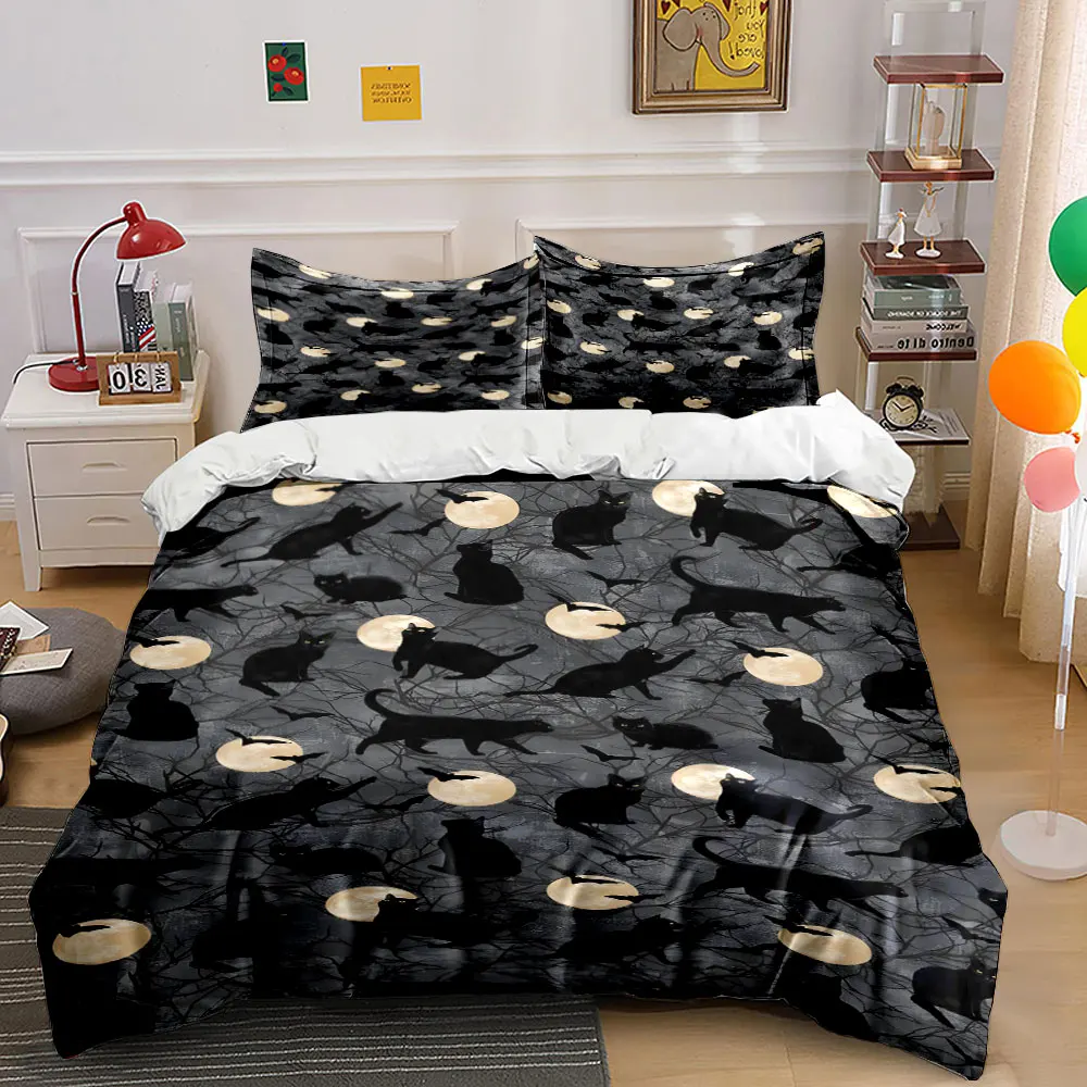 Black Cat Full Moon Bat Branch Pattern Duvet Print Bedding Set 1 Duvet Cover 2 Pillowcases for Adult and Children Luxury Gift