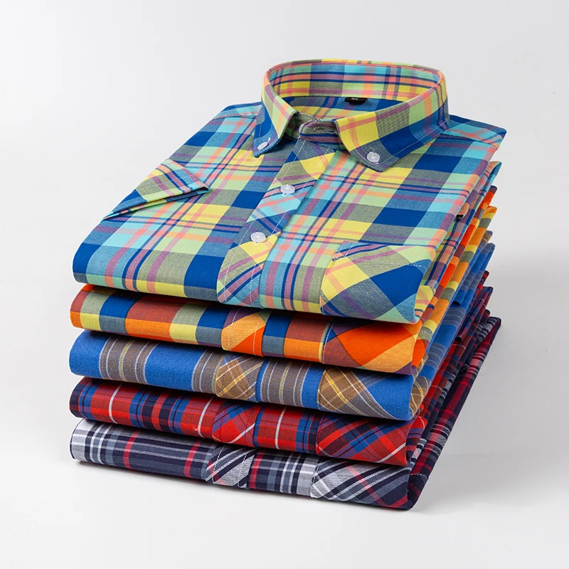 Fashion korean popular clothes 100%cotton short sleeve shirts for men slim fit casual plain shirt thin plaid hawaiian soft tops