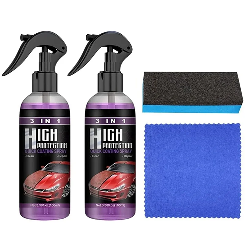 2X100ML High Protection Quick Car Coating Spray Coat Ceramic Coating Wax Polish Hydrophobic Top Coat with Sponge Towel