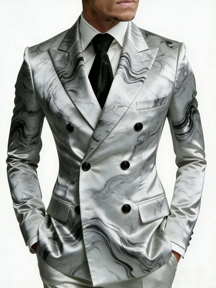 Mens Slim Fit Silver Grey Marble Swirl Print Satin Double Breasted Blazer Tuxedo Jacket
