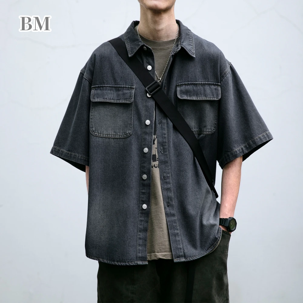 

Japanese Vintage High Quality Short Sleeve Summer Harajuku Casual Cargo Denim Shirt For Men Clothing Korean Fashion Thin Coat