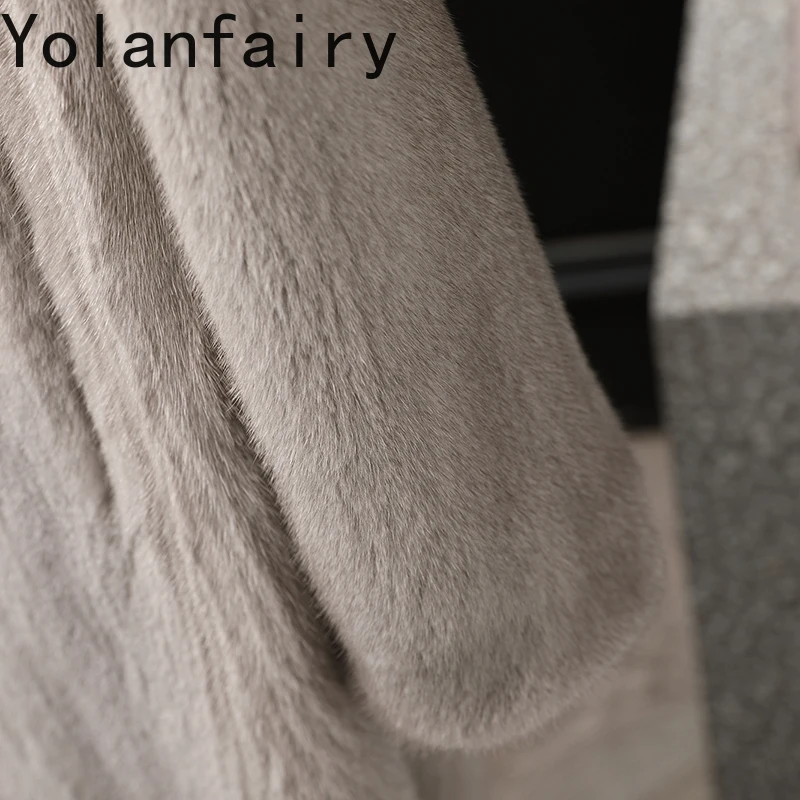 YOLANFAIRY Whole Mink Real Fur Coat with Hood Winter Luxury 2025 Mid-length Natural Mink Fur Coats for Woman Grey Fur Jacket