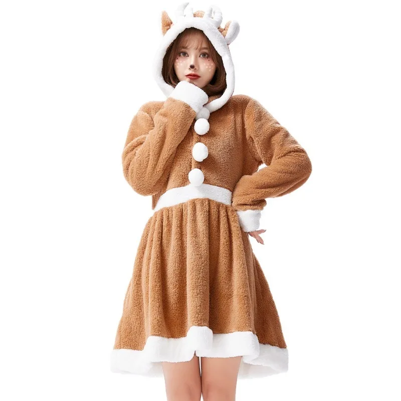 Costume de Cosplay d'élan mignon de noël, robe kaki avec autocollant d'élan, couvre-chef, chaussettes, Costume pour femmes, tenues de jeu de rôle de fête de noël