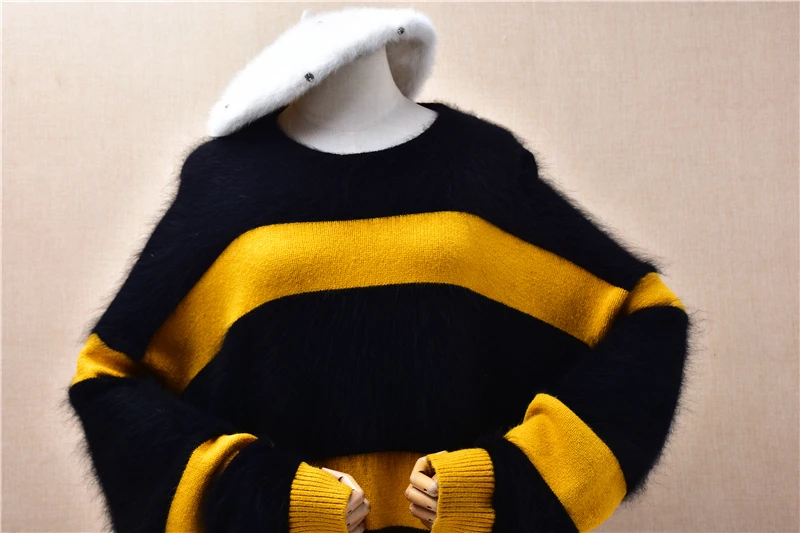 Ladies Women Autumn Winter Fashion Striped Hairy Mink Cashmere Knitted O-Neck Long Sleeves Loose Pullover Sweater Jumper Pull