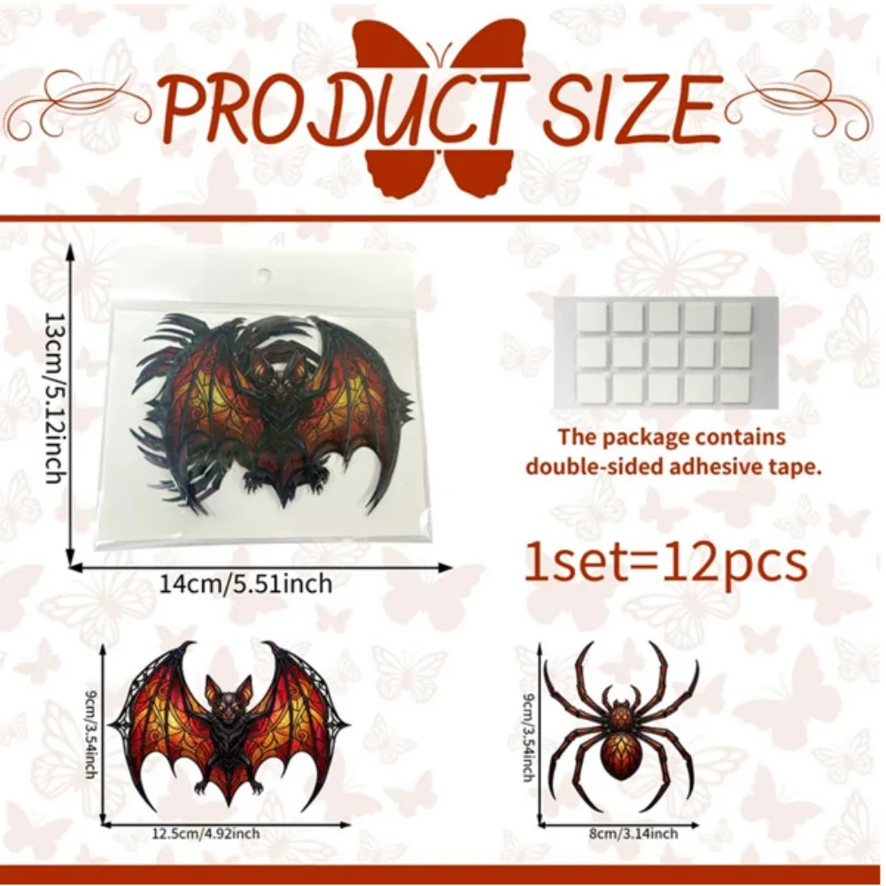 12PCS Multicolor Halloween Wall Stickers Colorful Pattern with Dot Adhesive 3D Bat Spider Wall Decals Scene Ornament Photo Props