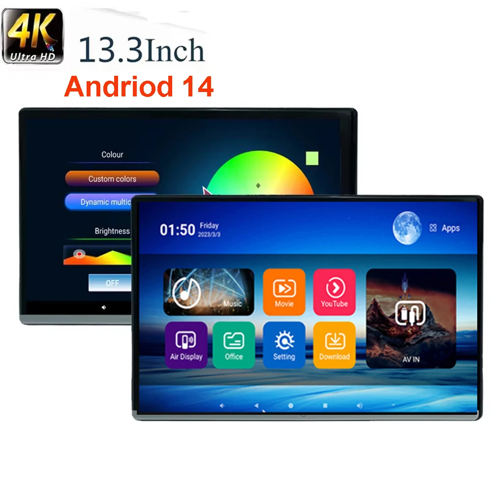 13.3 inch Car Headrest Monitor 4K Tablet PC HD 1080P Android 14 WIFI/Bluetooth/USB/SD/HDMI/FM/Mirror Link/Miracas Andriod APP