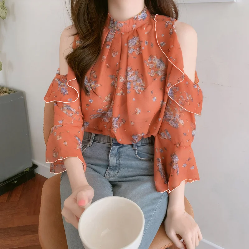 

2025 New Spring and Autumn Elegant Loose Fashion Floral Off-Shoulder Fairy Long Sleeve Shirt PG9401