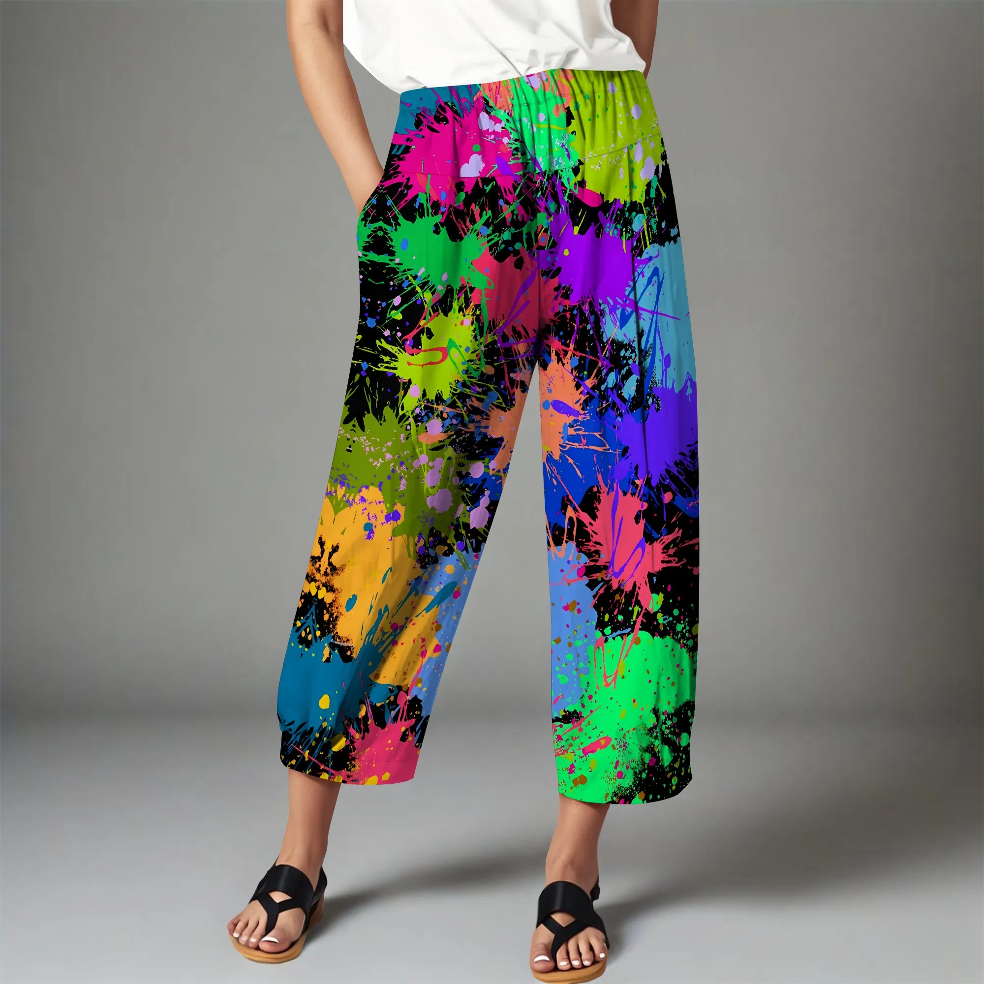

Nupusa Color Splash Print Pants for Women Regular Size Summer Casual High - Waist Cropped Pants