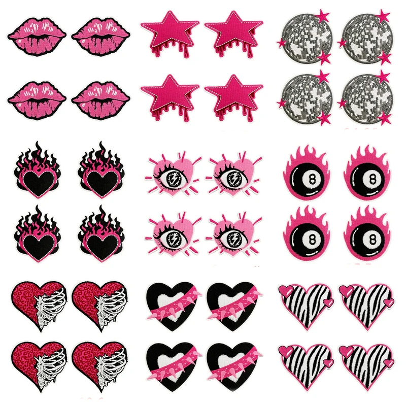 10 Stück/Set Rosa Herz Stern Augen Lippen Stickerei-Aufnäher Cartoon Bügelbilder für Kleidung Thermoadhäsive Aufbügelbare Aufnäher zum Nähen