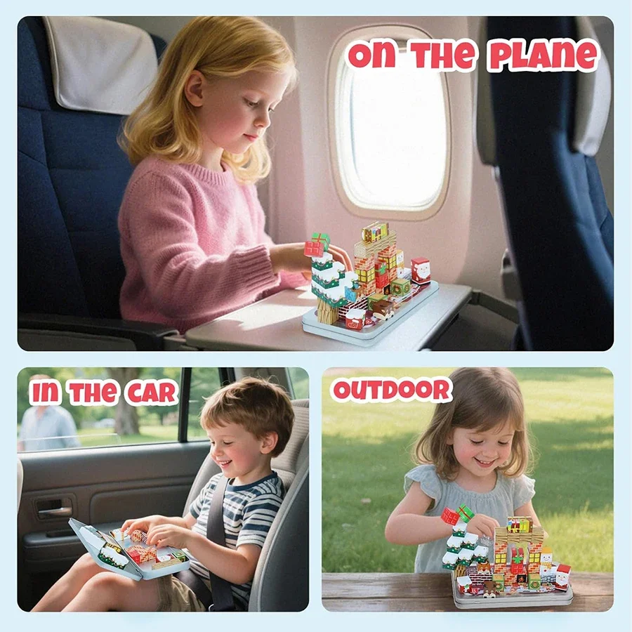 مجموعة مغناطيسية مكونة من 45 قطعة ألعاب بناء تعليمية للسفر في عيد الميلاد للأطفال محمولة مع صندوق تخزين معدني